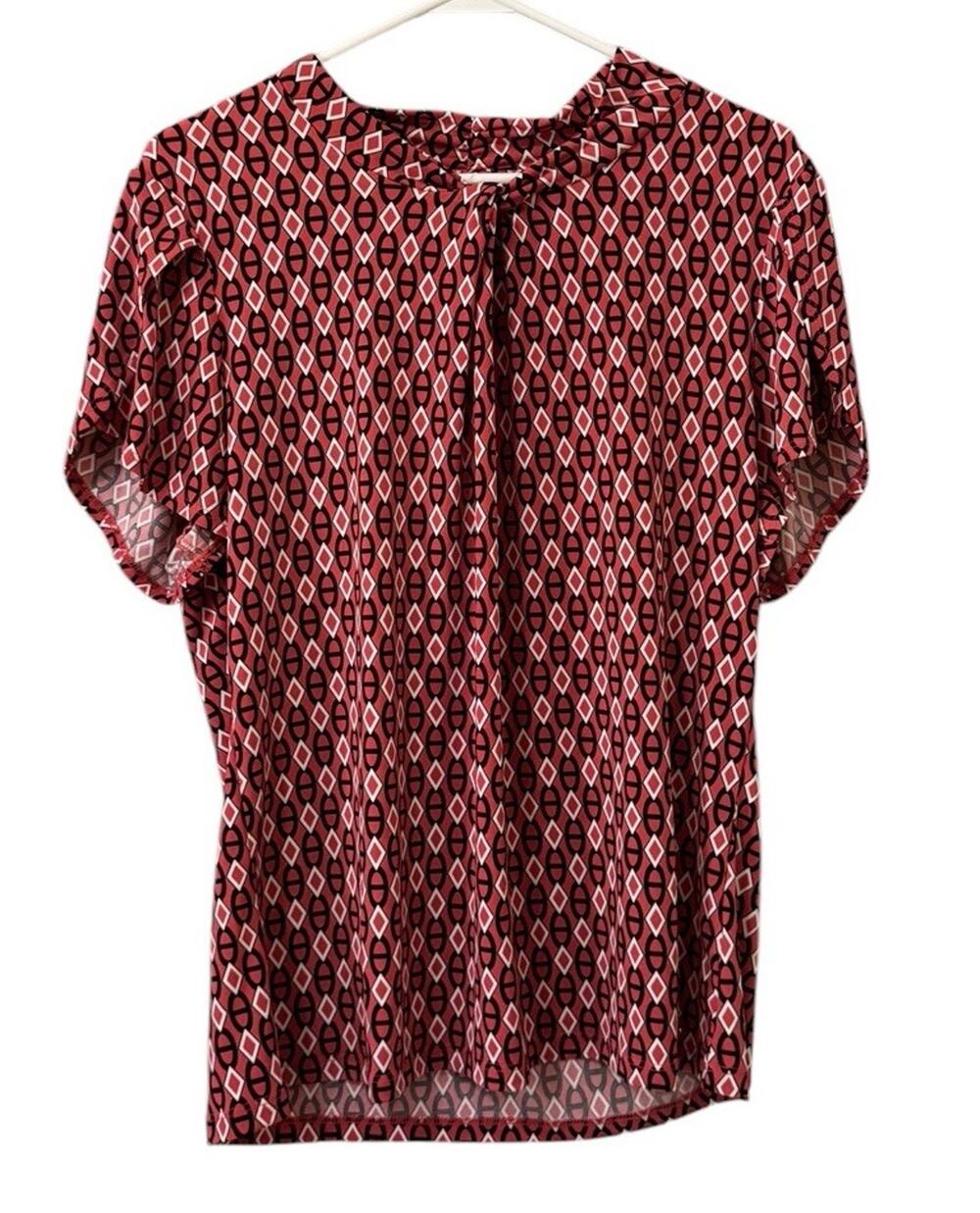 Tahari Women Size XL Short Sleeve Stretch Blouse Geometric Colorful City Classic